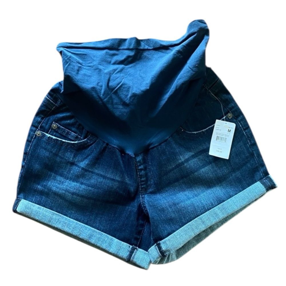 Maternity Shorts denim rolled hem belly panel dark blue Size Medium